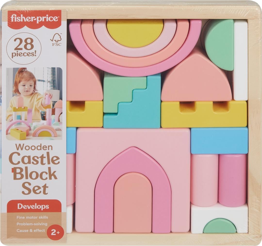 Fisher-Price Wood Toddler Toy Castle Block Set, 28 Wooden Pieces
