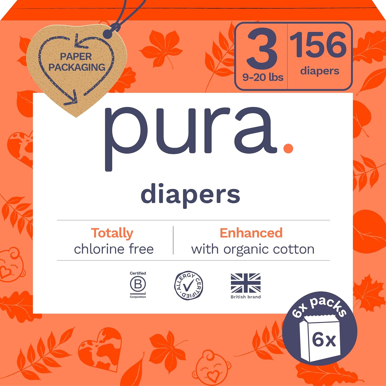Pura Hypoallergenic Diapers, Size 3 (9-20 lbs), 6 Packs of 26 (156 Baby Diapers)