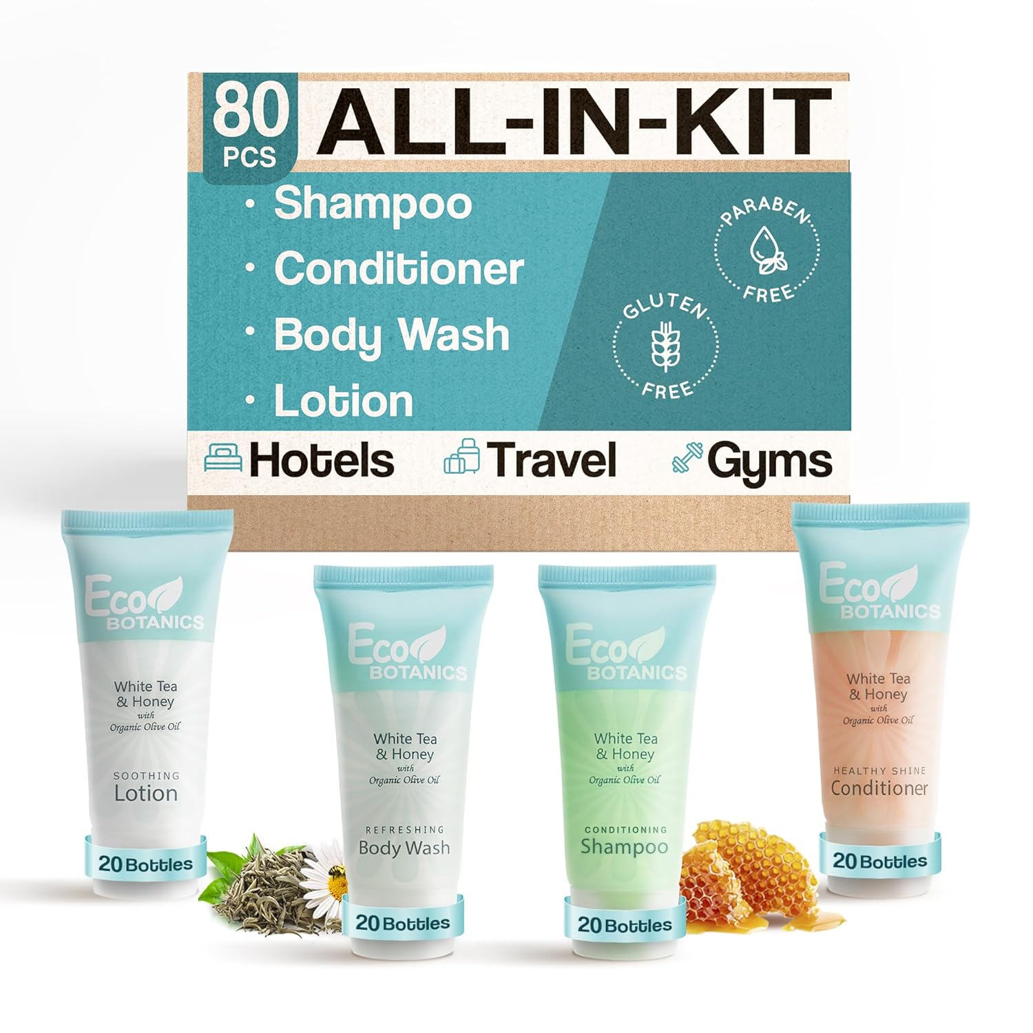 Eco Botanics Toiletries Set, 0.85oz Shampoo & Conditioner, Body Wash, Lotion, Travel Size