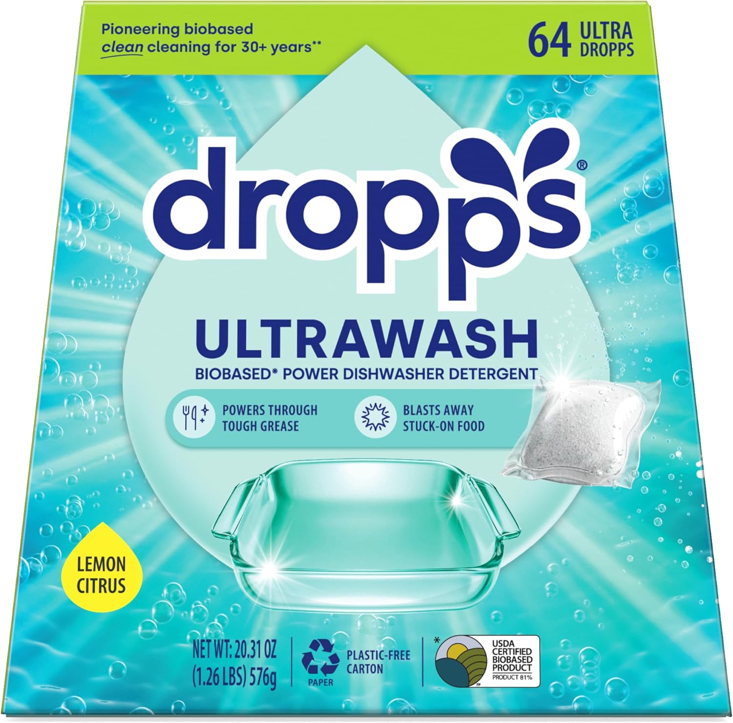 Dropps UltraWash Dishwasher Pods, Lemon Citrus (64 Count)