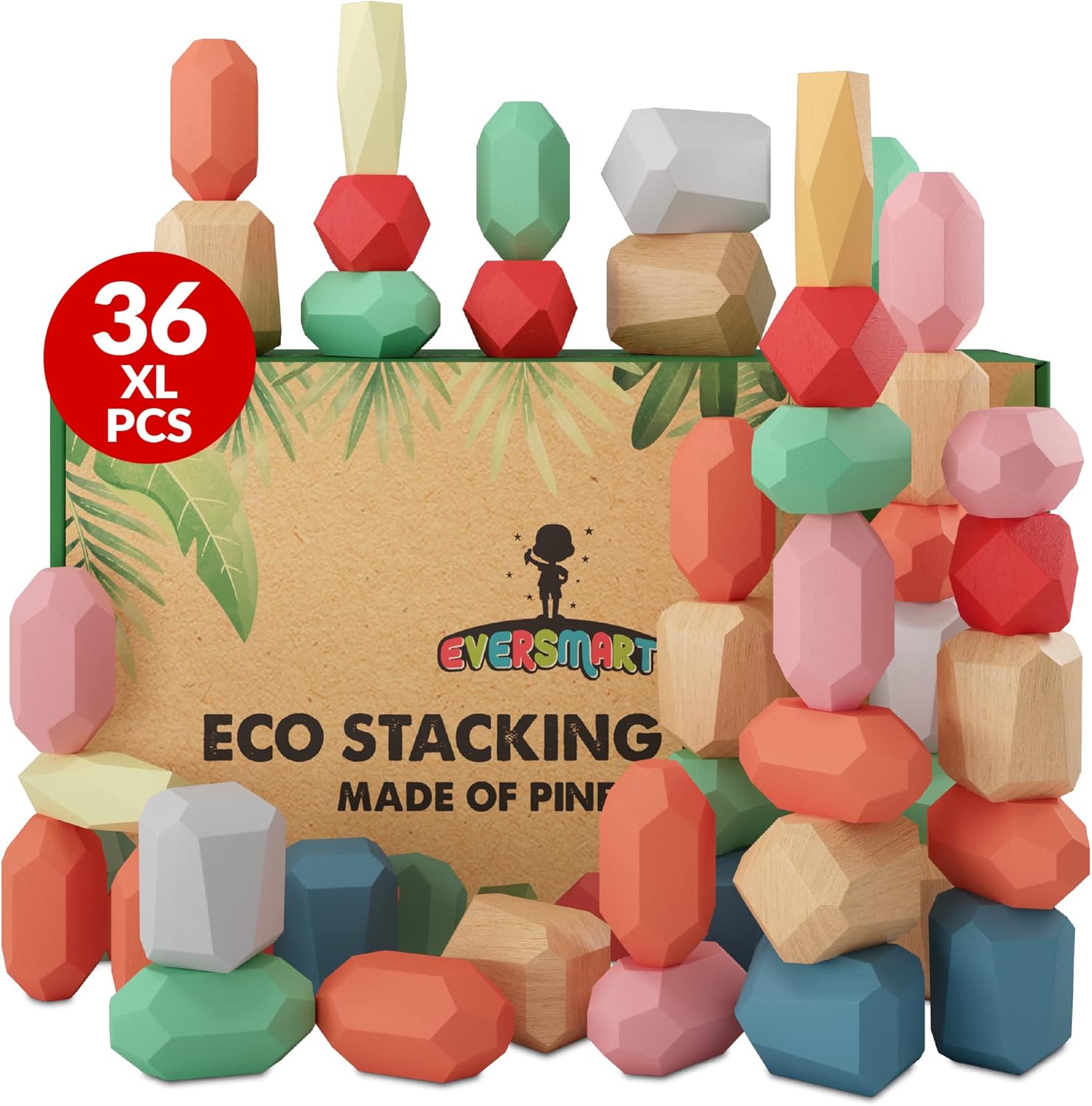 36 Pcs Wooden Stacking Blocks – Montessori Toys for 1-6 Year Old Toddlers and Kids