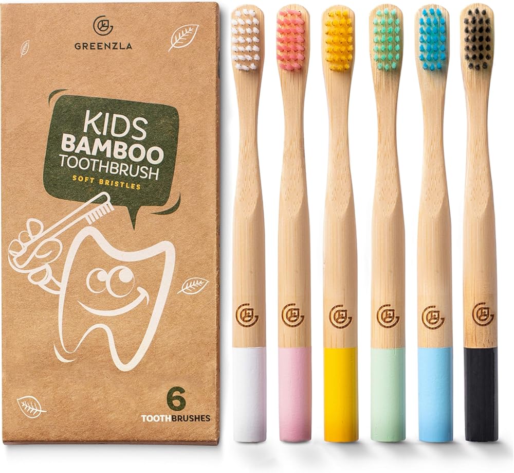 GREENZLA Kids Bamboo Toothbrushes, Natural Toothbrush Set, 6 Pack