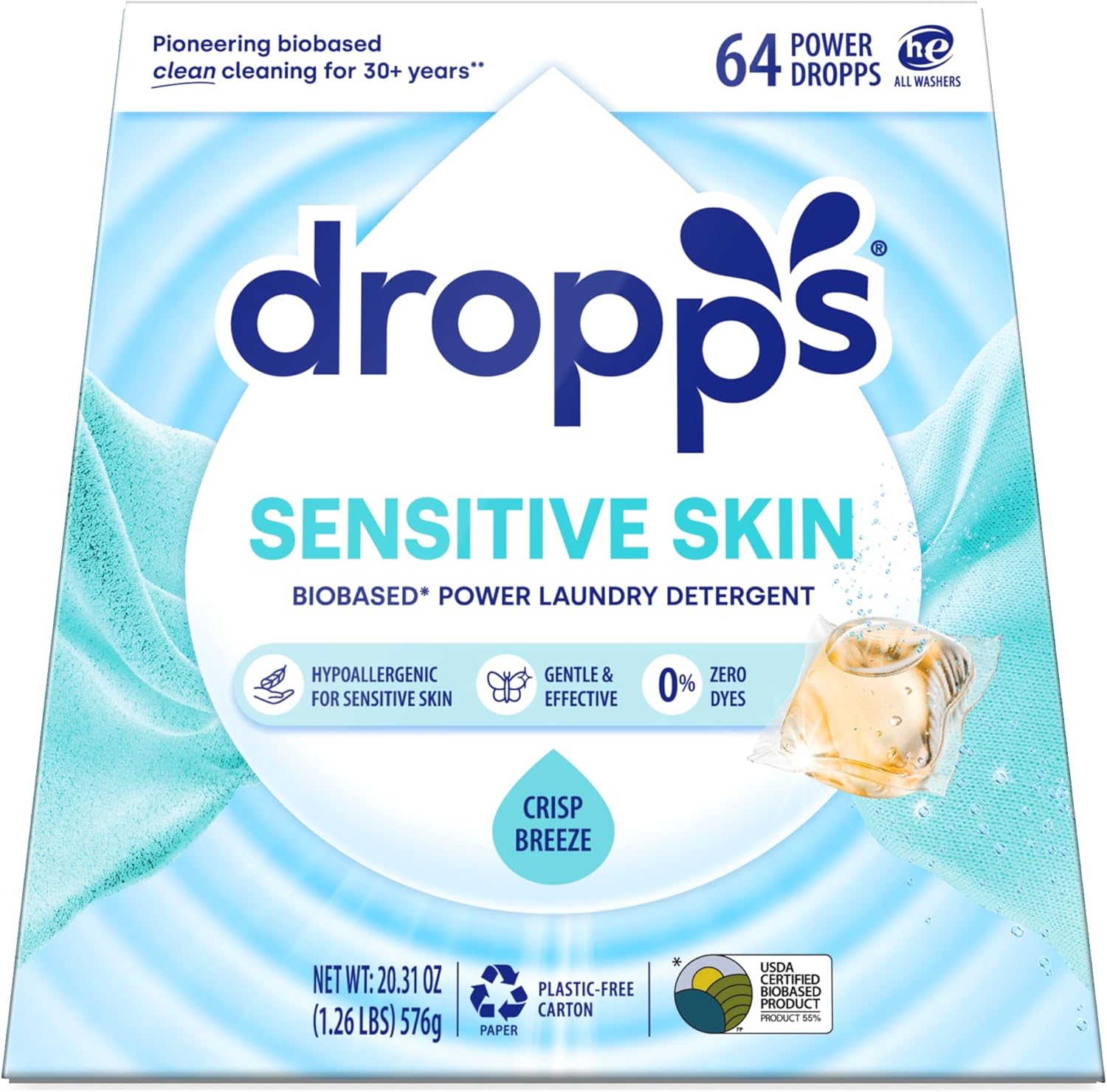 Dropps Sensitive Skin Laundry Detergent Pods, Crisp Breeze (64 Count)