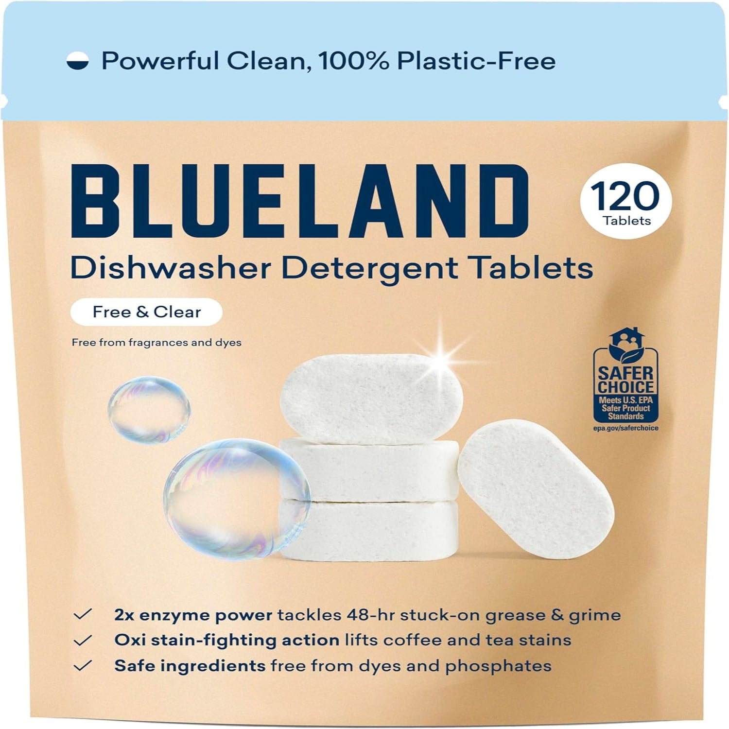 BLUELAND 100% Plastic-Free Dishwasher Detergent Tablets, 120 Count