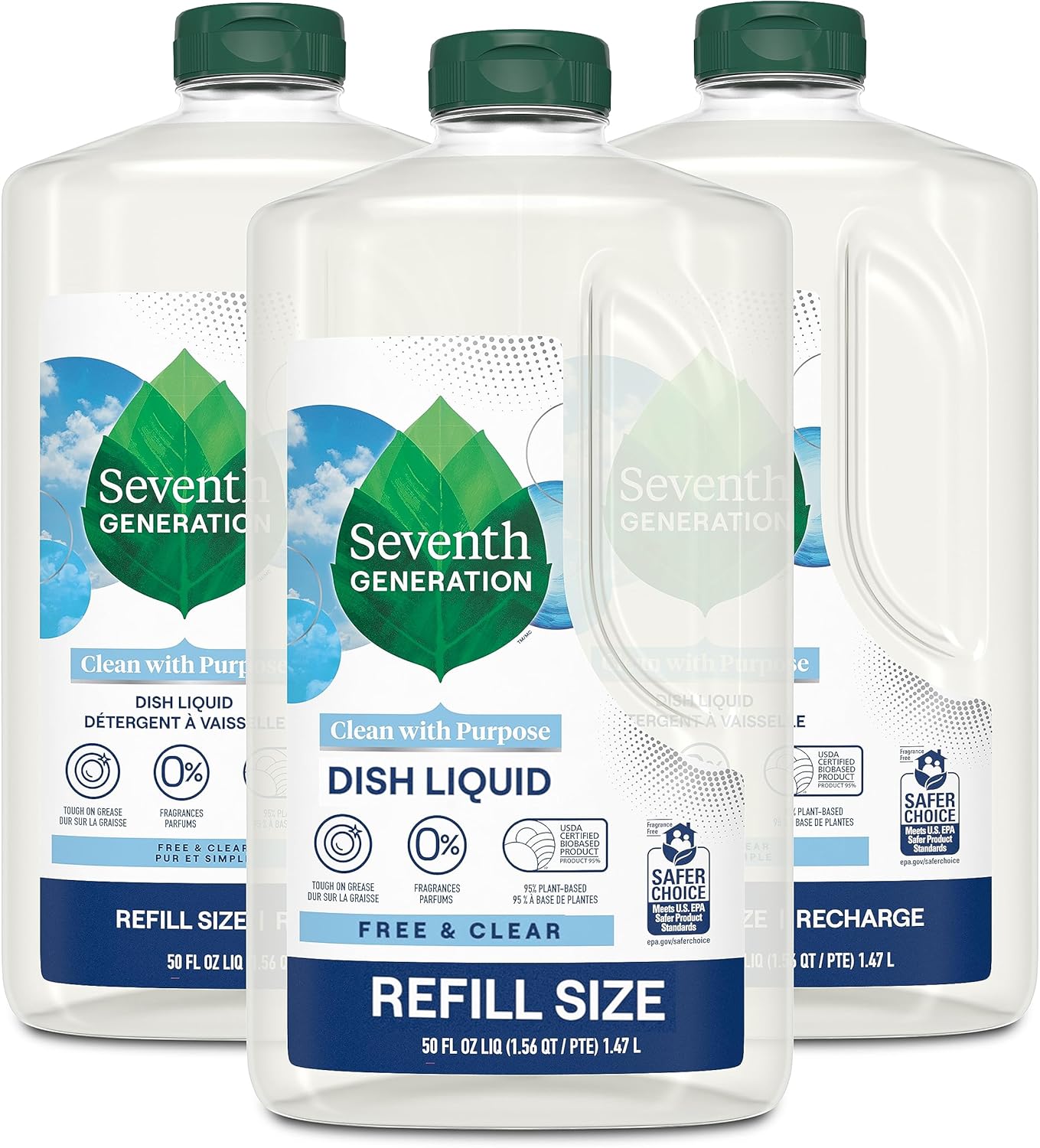 Dish Liquid Soap Refill Free & Clear Dish Soap for sensitive skin 50 oz, Pack of 3